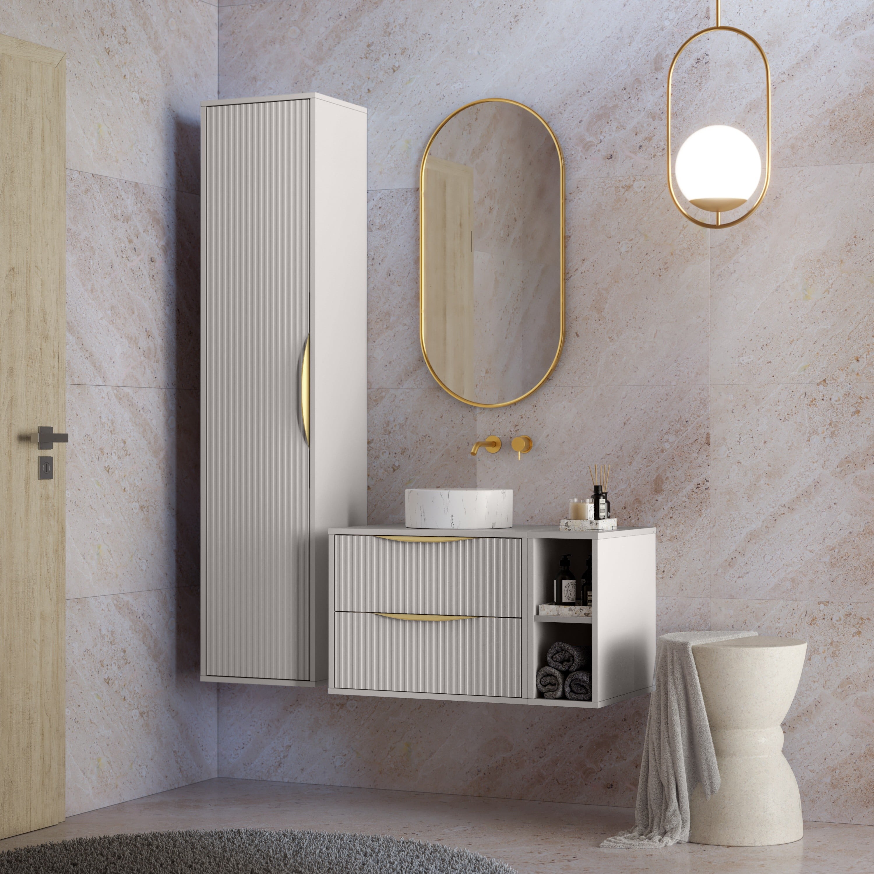 BERYL 2.0 bathroom cabinet, fluted, gold handles, cashmere, 60 cm