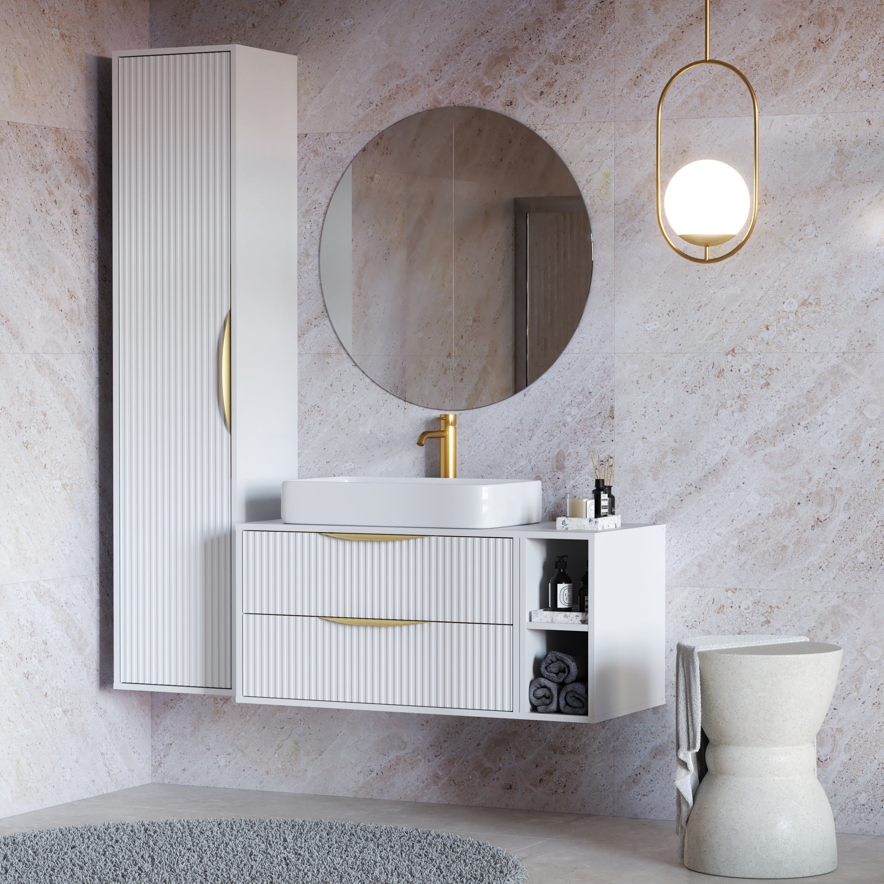 Bathroom cabinet BERYL 2.0, grooved, gold handles, white, 80 cm