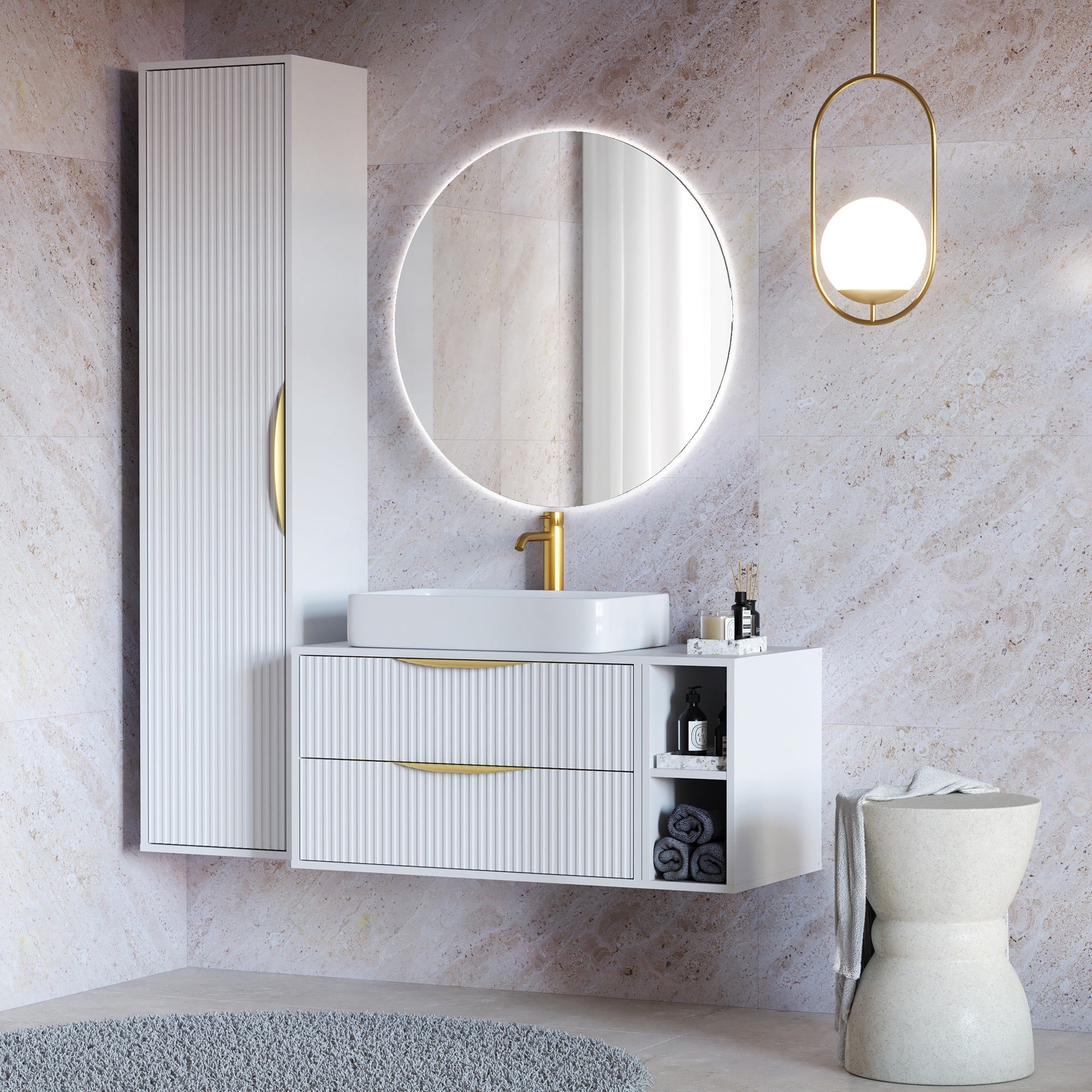 Bathroom cabinet BERYL 2.0, grooved, gold handles, white, 80 cm