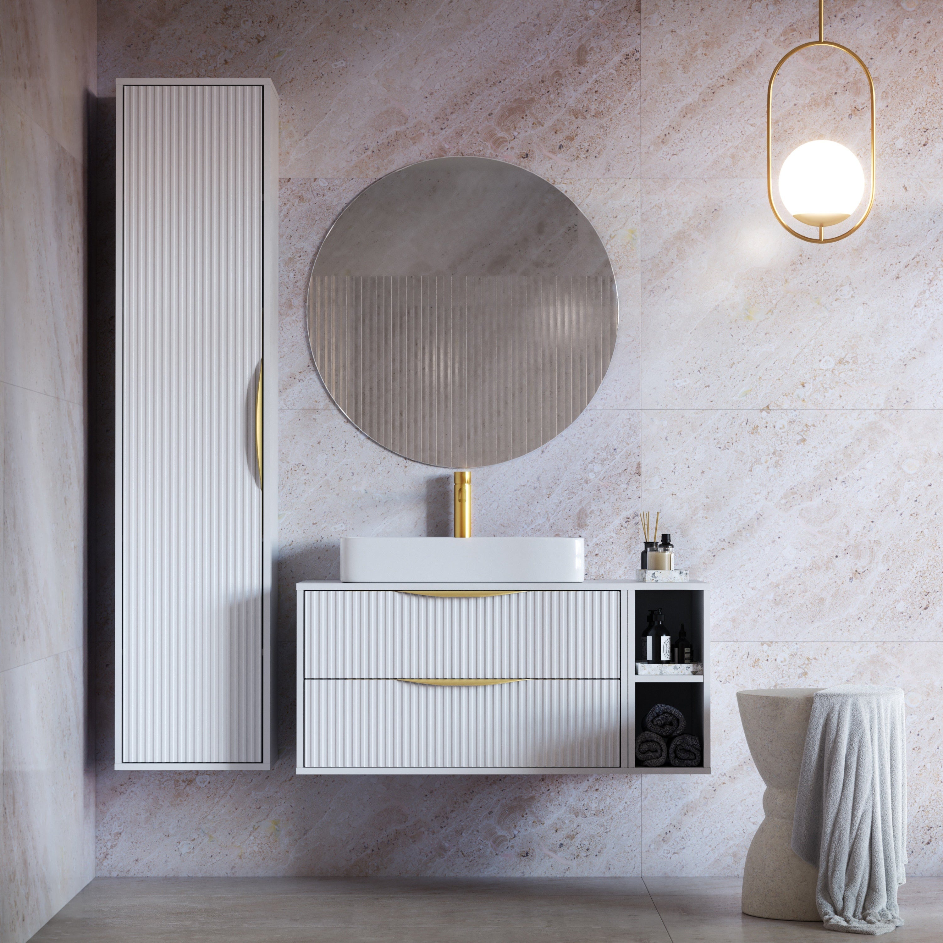 Bathroom cabinet BERYL 2.0, grooved, gold handles, white, 80 cm