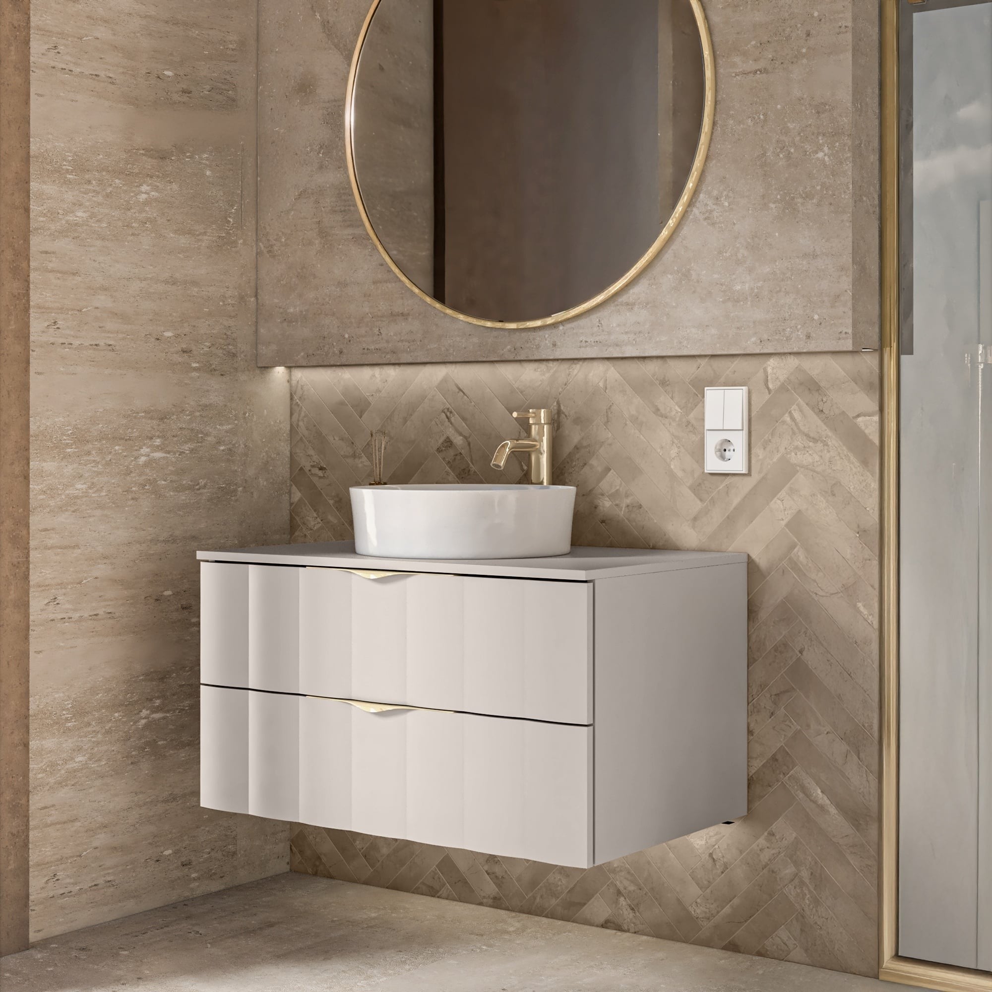 Bathroom cabinet PAGODE, wavy front, cashmere