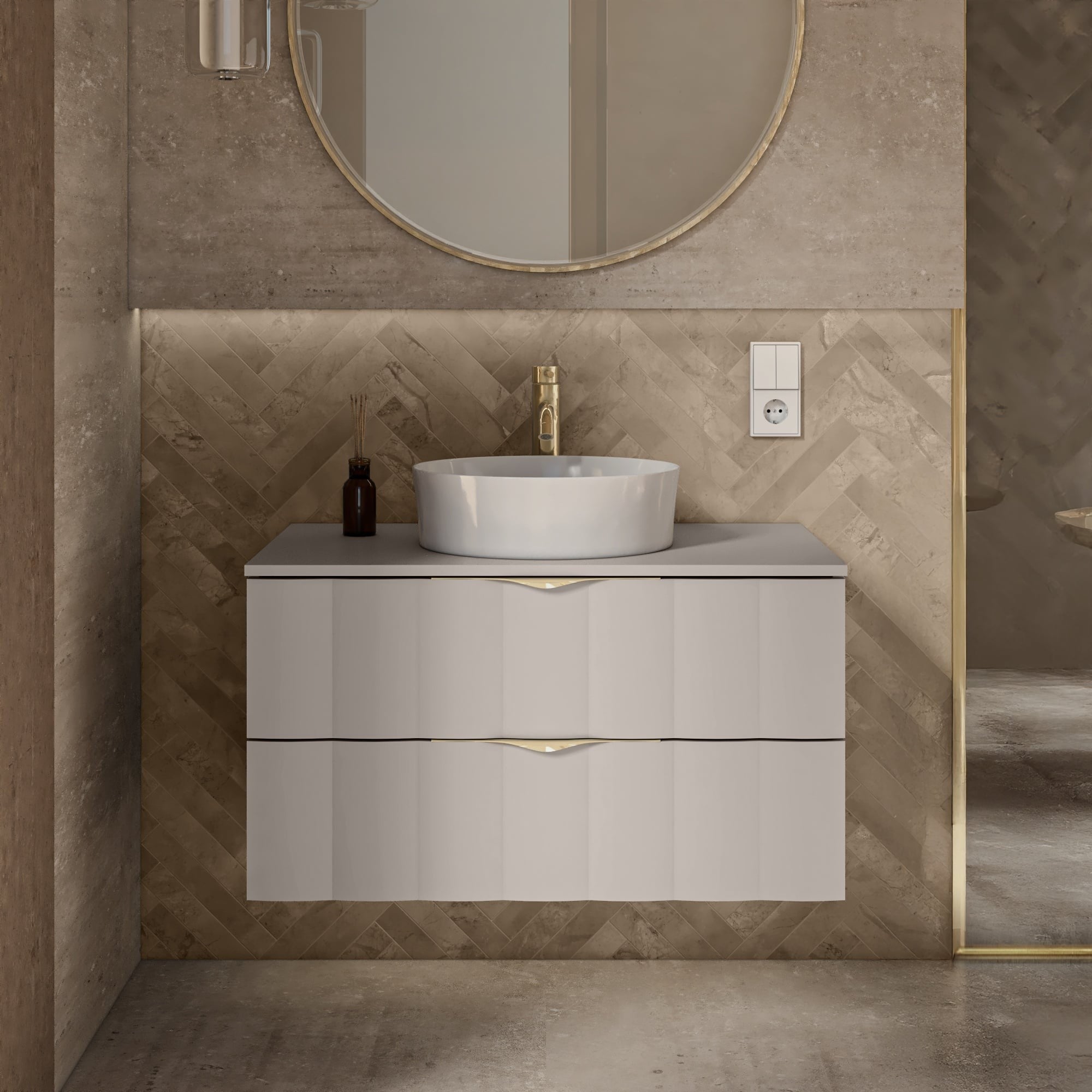 Bathroom cabinet PAGODE, wavy front, cashmere