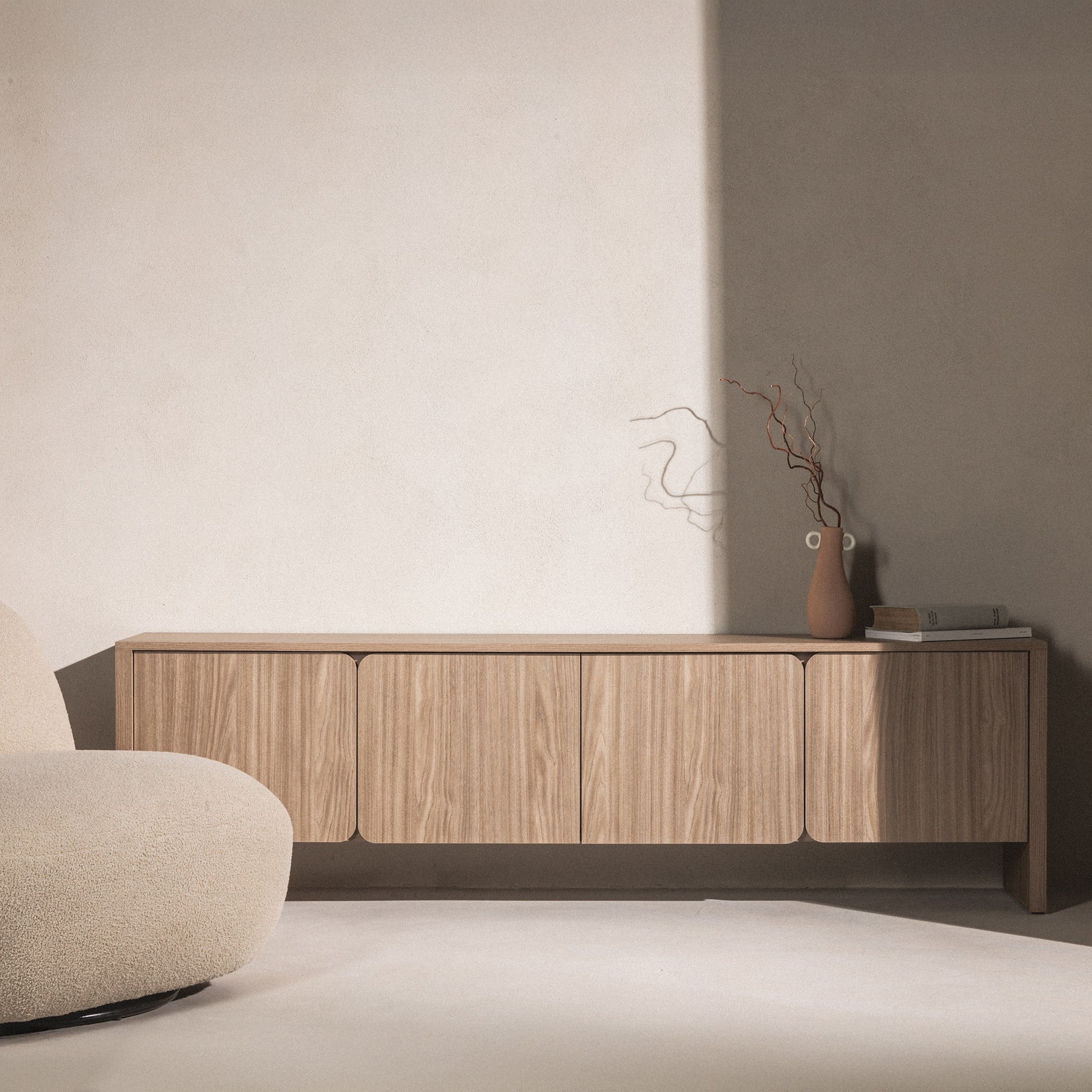 TV cabinet NACREE, pearl oak, rounded doors