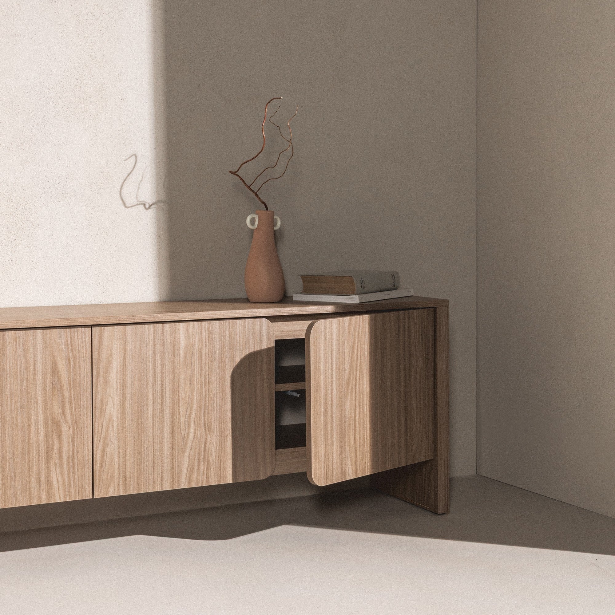 TV cabinet NACREE, pearl oak, rounded doors