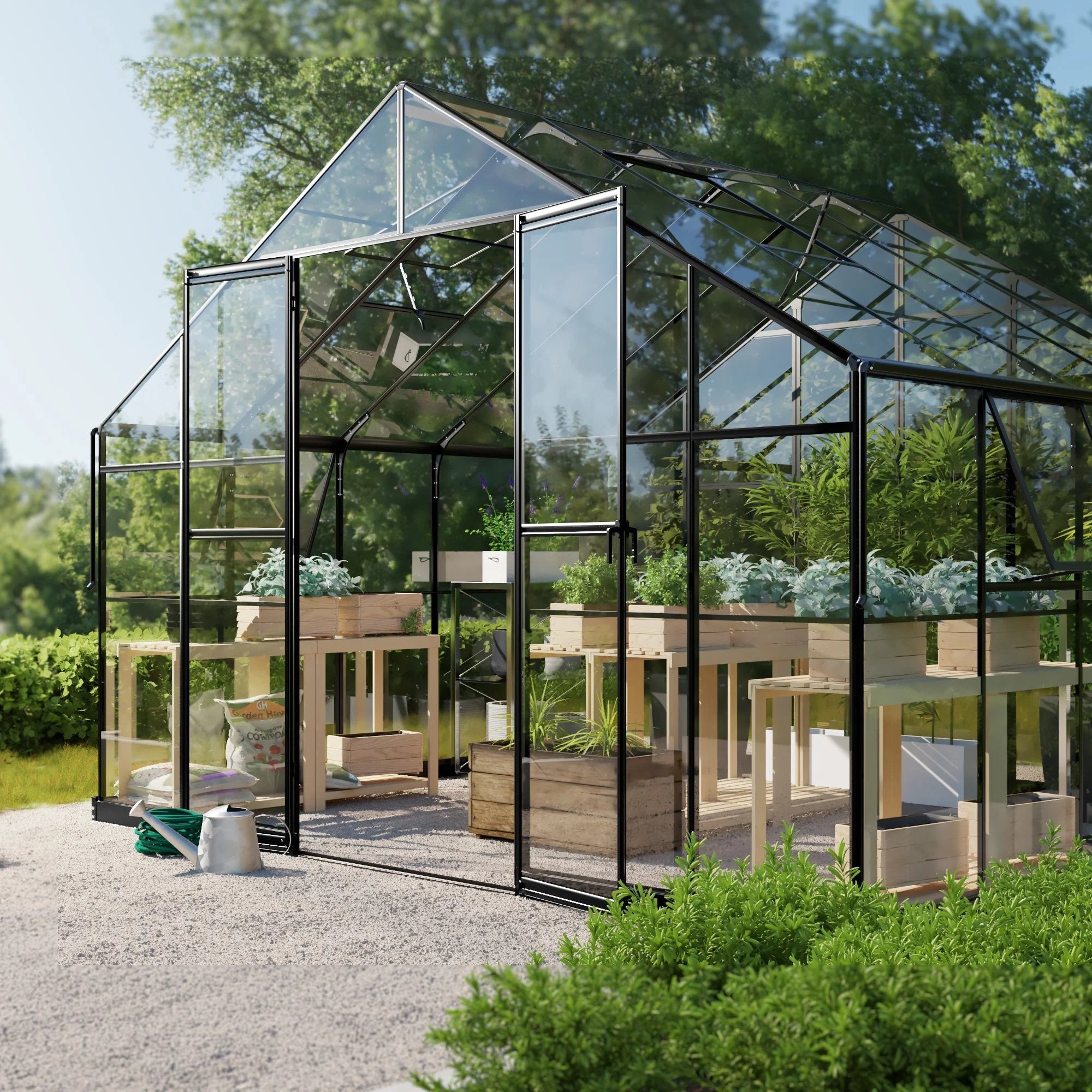 Sodo šiltnamis 12,3 m² su pamatais, 4 mm grūdintas stiklas