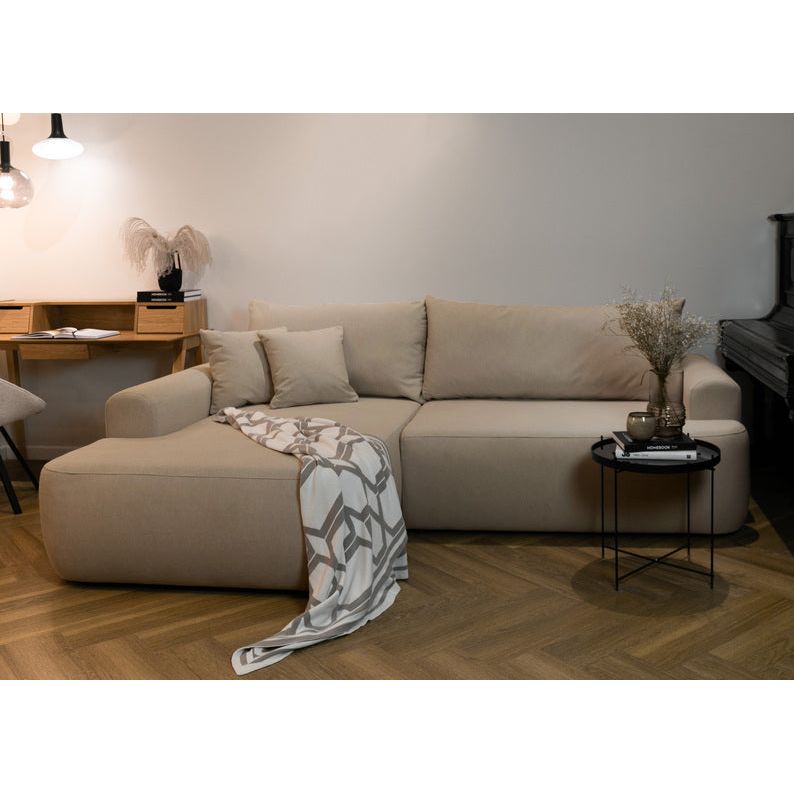 Kampinė sofa lova OVO, kairė, smėlinis aksomas