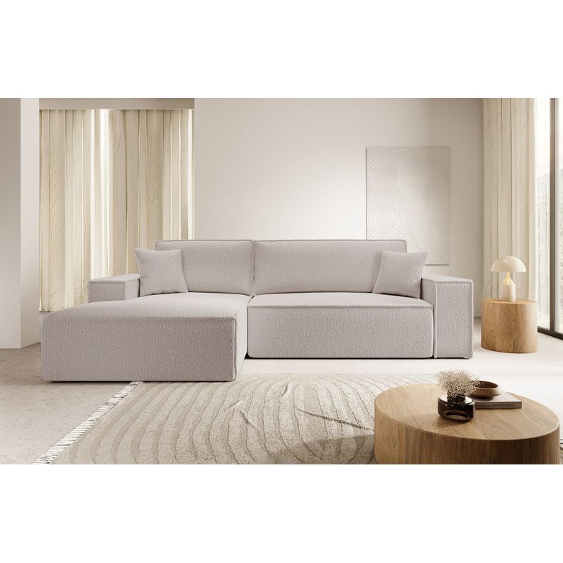 Kampinė sofa FARESE, kairė pusė, rudos spalvos, su miegamąja funkcija, boucle audinys