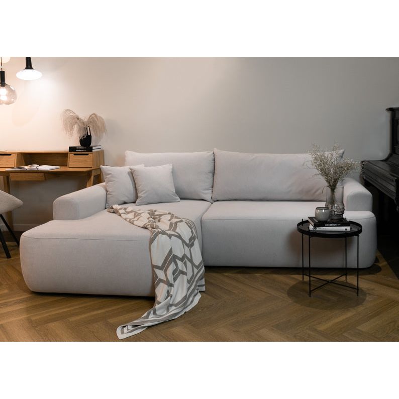 Kampinė sofa lova OVO, kairė, kreminis aksomas