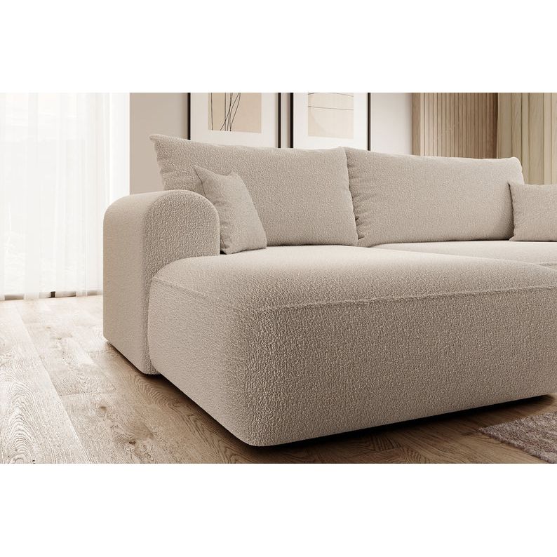 Kampinė sofa OVO,  kairė pusė, smėlio spalvos, su miegamąja funkcija, boucle audinys