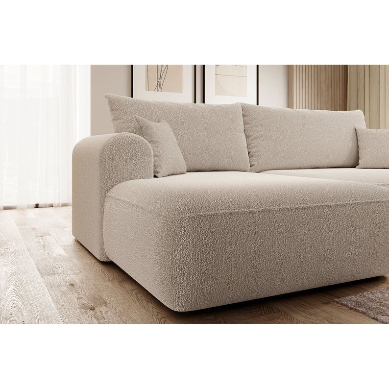 Kampinė sofa lova OVO, dešinė, boucle smėlio
