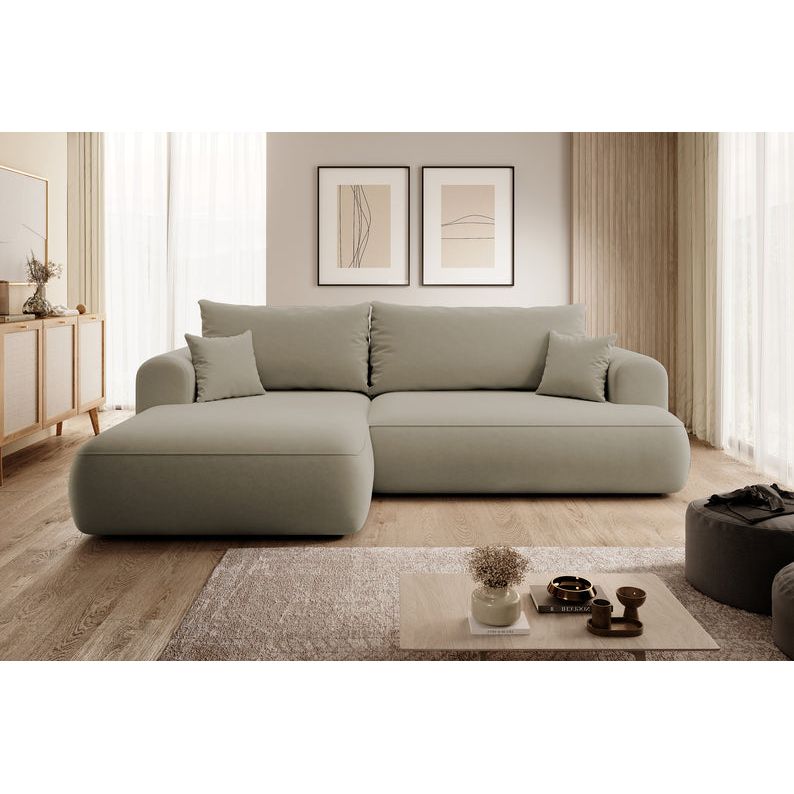 Kampinė sofa lova OVO, kairė, smėlinis aksomas