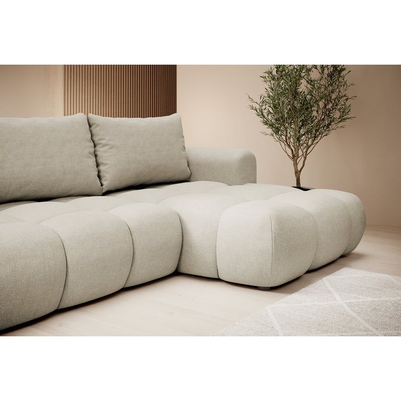 Kampinė sofa lova OMBO, dešinė, pilkai smėlinė