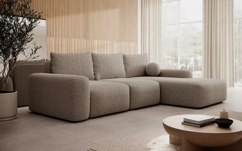 Kampinė sofa CARNOS, šviesiai rudos spalvos šenilas