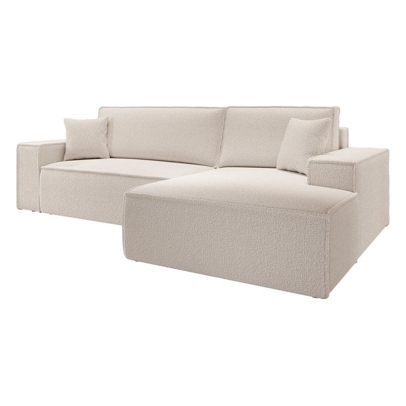 Kampinė sofa FARESE, dešinė pusė, smėlio spalvos, su miegamąja funkcija, boucle audinys