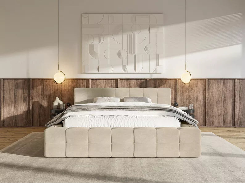 Bed JULIETTE, sand, with bedding storage