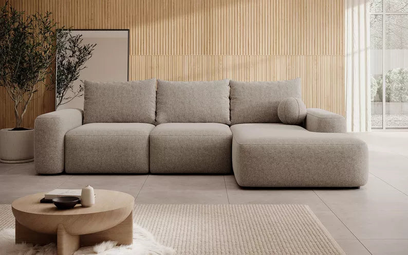 Kampinė sofa CARNOS, šviesiai rudos spalvos šenilas