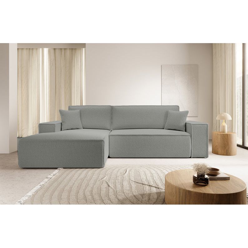 Kampinė sofa lova FERNANDO, kairė pusė, pilka, boucle