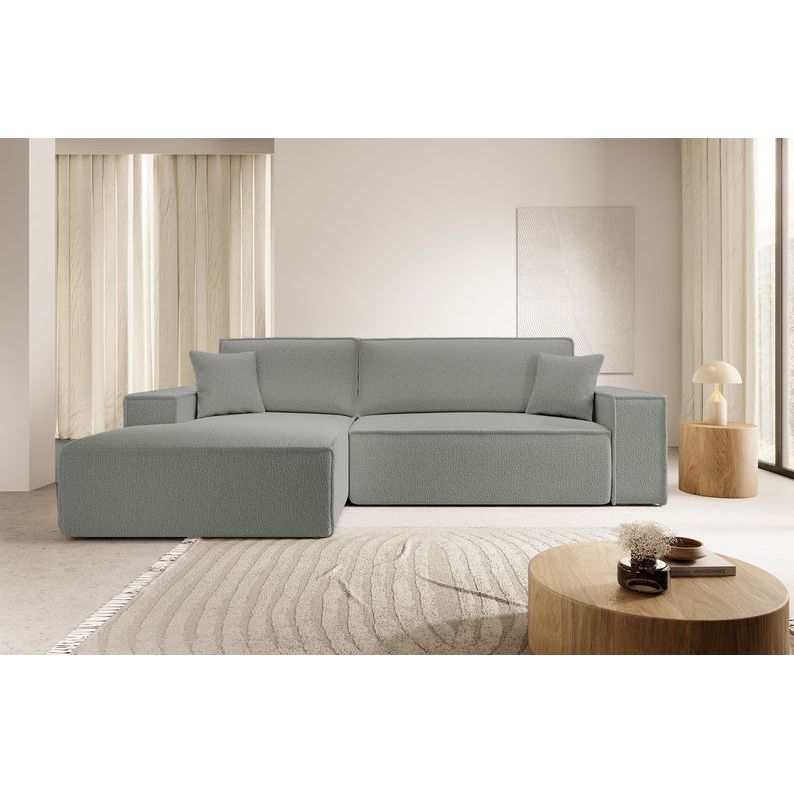 Kampinė sofa FARESE, kairė pusė, pilkos spalvos, su miegamąja funkcija, boucle audinys