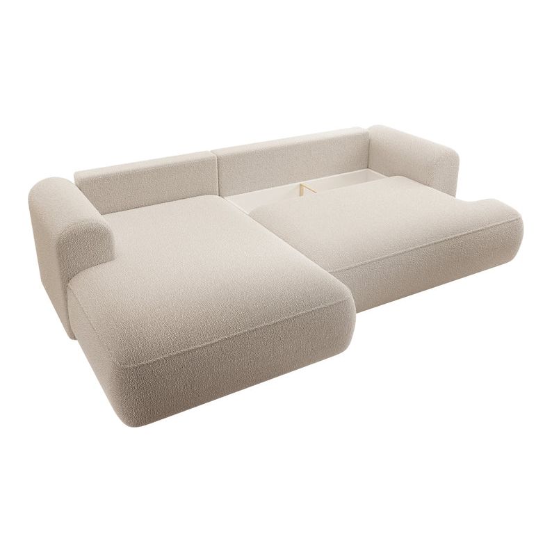 Kampinė sofa OVO,  kairė pusė, smėlio spalvos, su miegamąja funkcija, boucle audinys