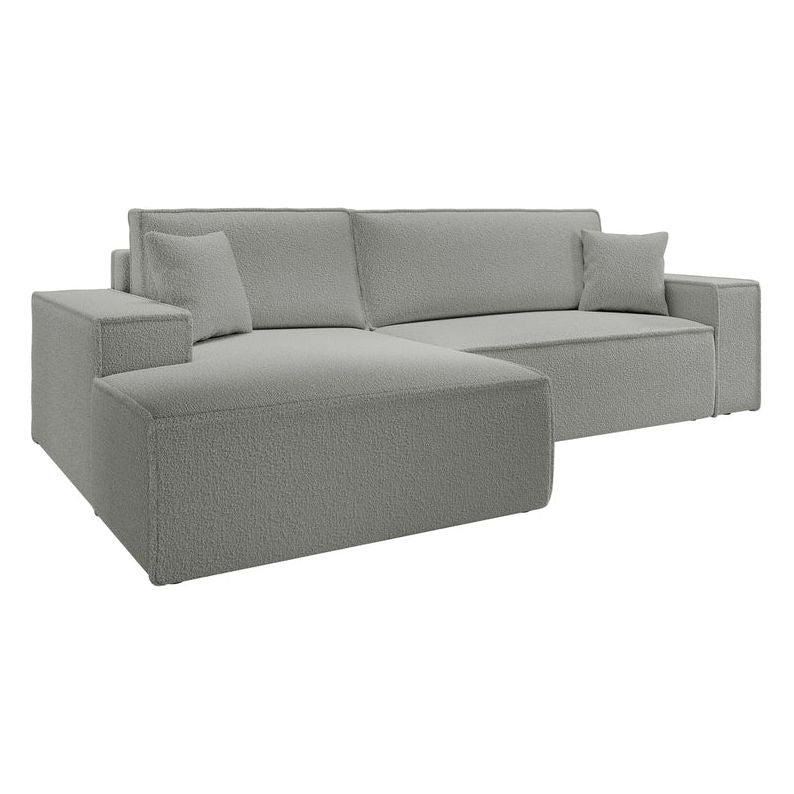 Kampinė sofa FARESE, kairė pusė, pilkos spalvos, su miegamąja funkcija, boucle audinys