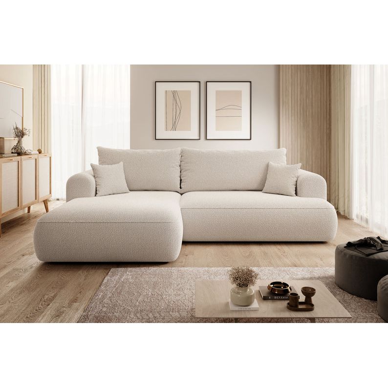 Kampinė sofa OVO,  kairė pusė, smėlio spalvos, su miegamąja funkcija, boucle audinys