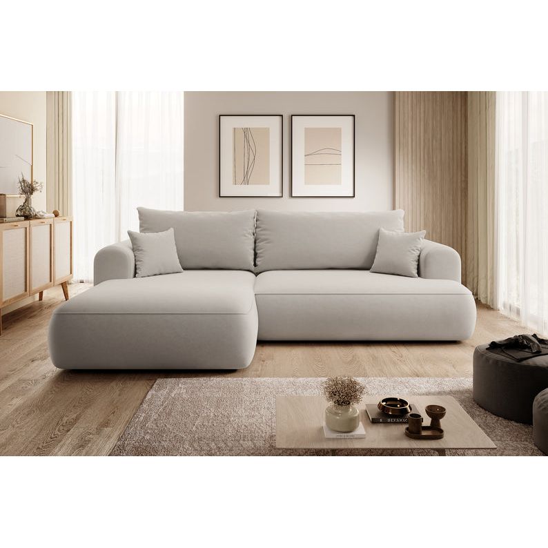 Kampinė sofa lova OVO, kairė, kreminis aksomas