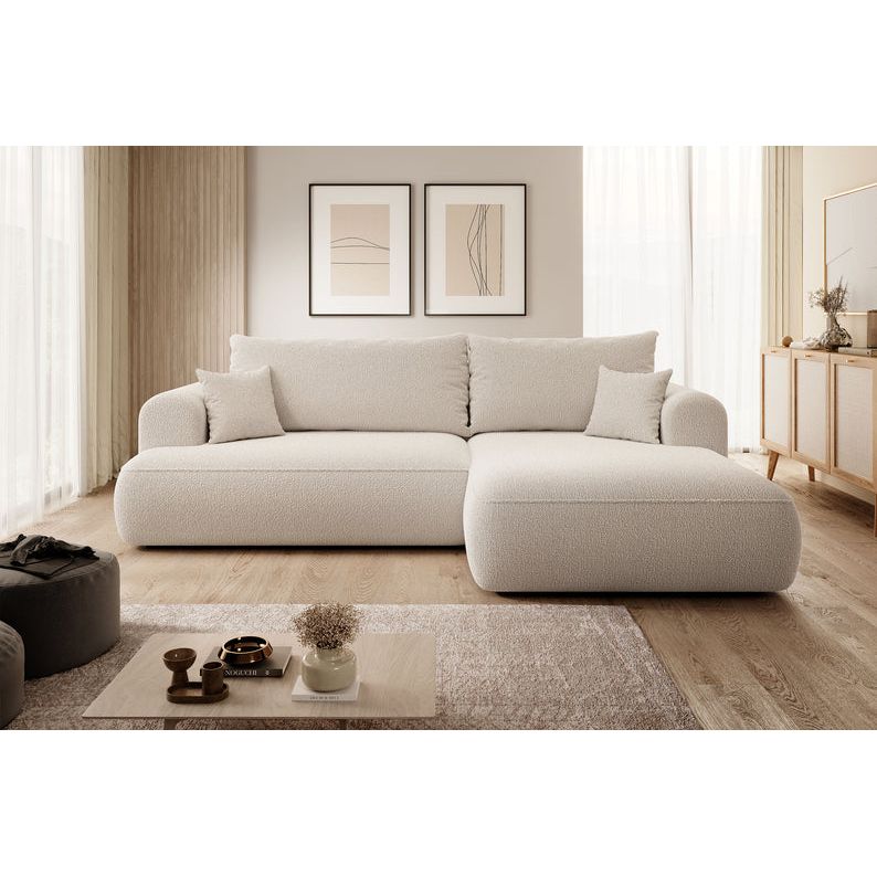 Kampinė sofa lova OVO, dešinė, boucle smėlio