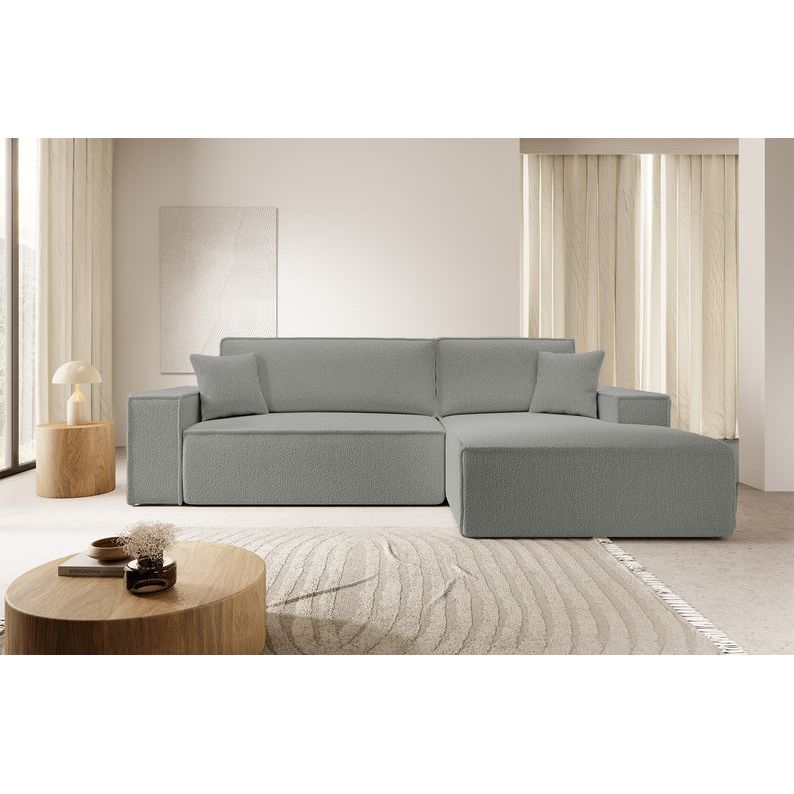 Corner sofa bed FERNANDO, right-hand side, grey, boucle