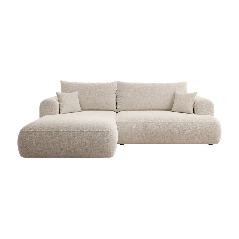 Kampinė sofa OVO,  kairė pusė, smėlio spalvos, su miegamąja funkcija, boucle audinys