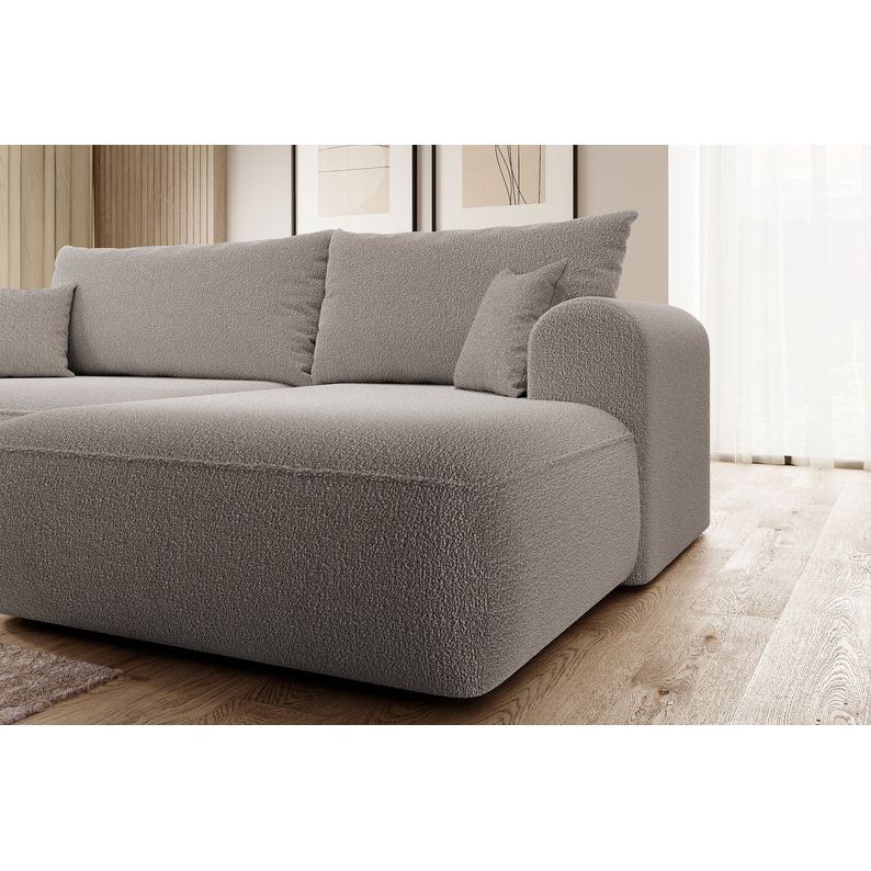 Kampinė sofa OVO,  dešinė pusė, tamsiai smėlio spalvos, su miegamąja funkcija, boucle audinys