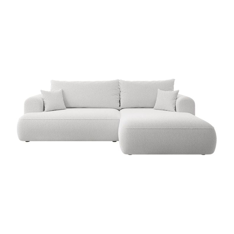 Kampinė sofa OVO,  dešinė pusė, pilka spalvos, su miegamąja funkcija, boucle audinys