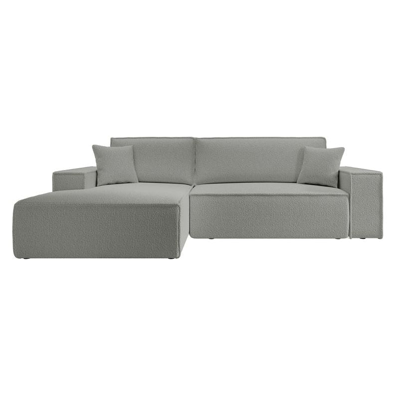 Kampinė sofa FARESE, kairė pusė, pilkos spalvos, su miegamąja funkcija, boucle audinys