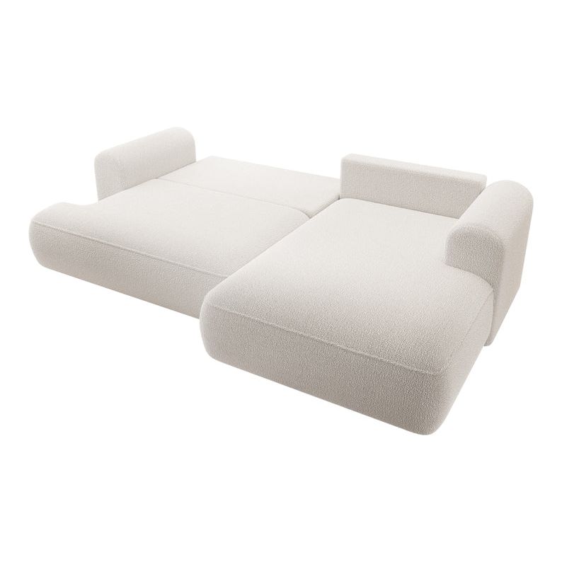 Kampinė sofa OVO,  dešinė pusė, kreminė spalvos, su miegamąja funkcija, boucle audinys