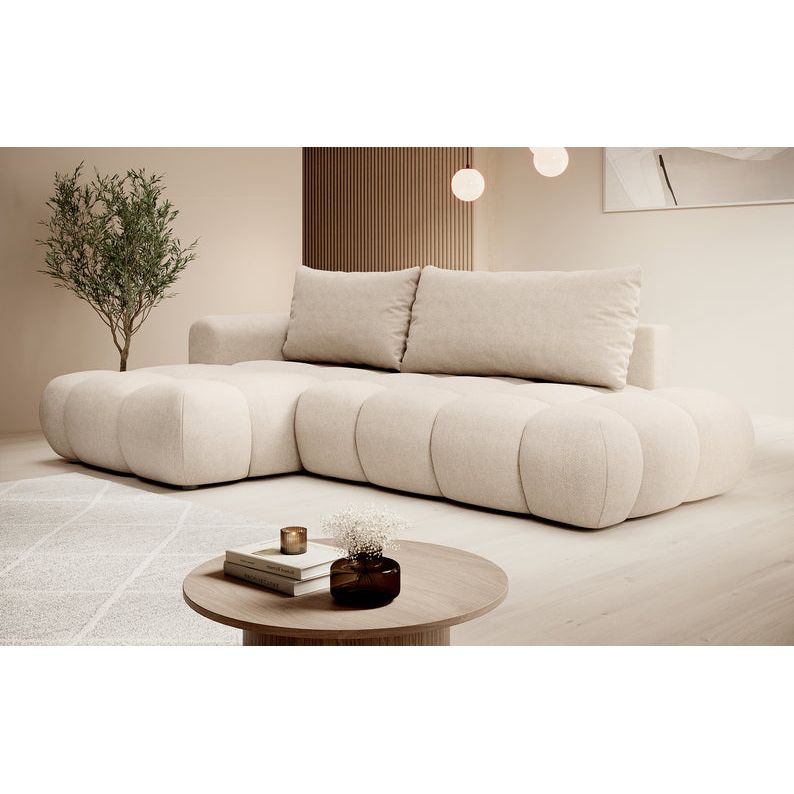 Kampinė sofa OMBO, kairė pusė, smėlio spalvos, su miegamąja funkcija