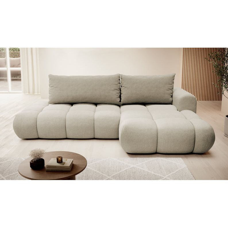 Kampinė sofa OMBO, dešinė pusė, pilkai smėlio spalvos, su miegamąja funkcija
