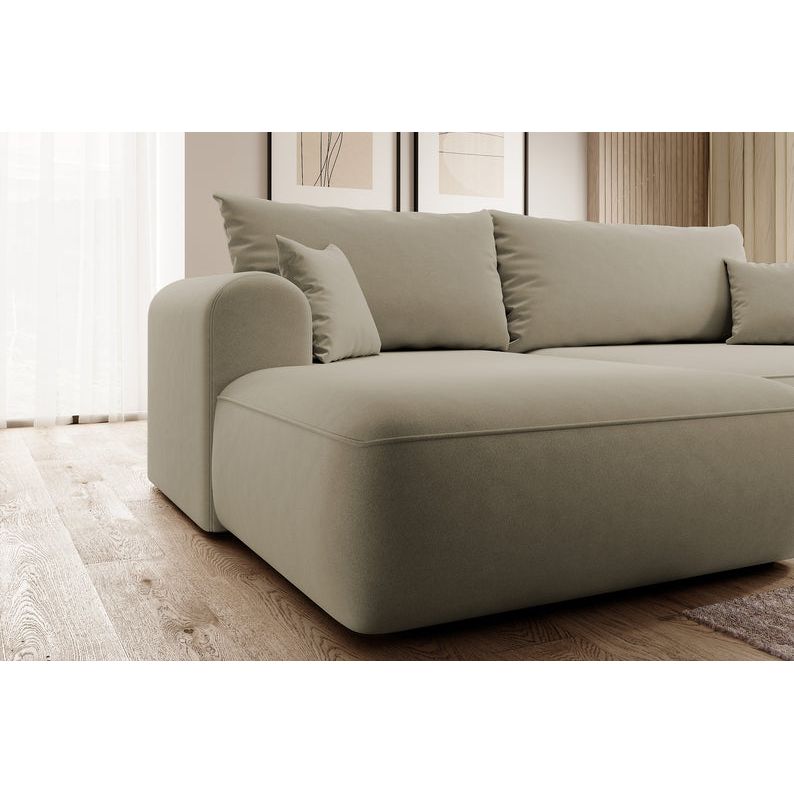Kampinė sofa OVO, smėlio spalvos, su miegamąja funkcija, aksomas
