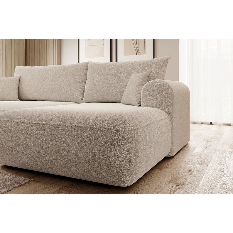 Kampinė sofa OVO,  dešinė pusė, smėlio spalvos, su miegamąja funkcija, boucle audinys