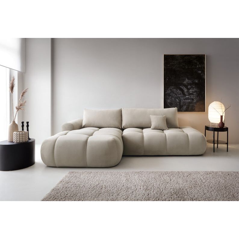 Kampinė sofa lova OMBO, kairė, pilkai smėlinis aksomas