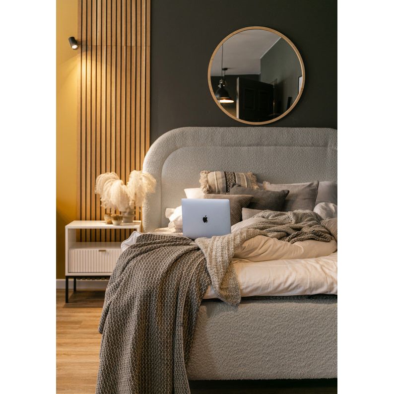 Minkšta lova LOREO, 160x200 cm., smėlio spalva, boucle audinys
