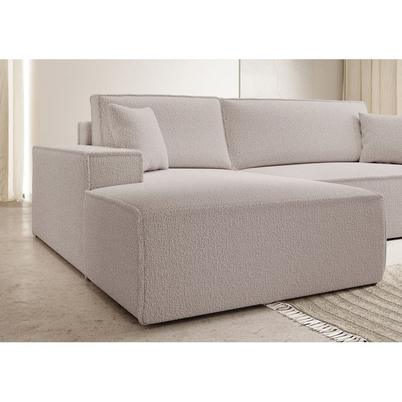 Kampinė sofa FARESE, kairė pusė, rudos spalvos, su miegamąja funkcija, boucle audinys