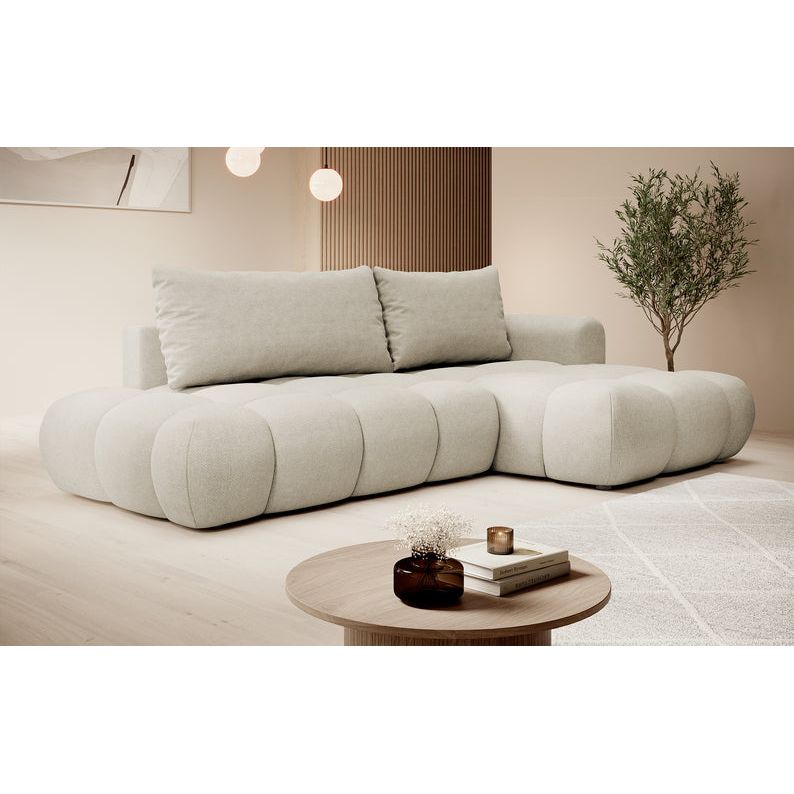 Kampinė sofa lova OMBO, dešinė, pilkai smėlinė