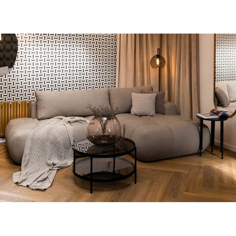 Kampinė sofa lova OMBO, dešinė, pilkai smėlinė