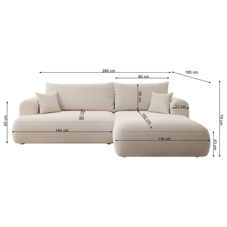 Kampinė sofa OVO,  dešinė pusė, tamsiai smėlio spalvos, su miegamąja funkcija, boucle audinys