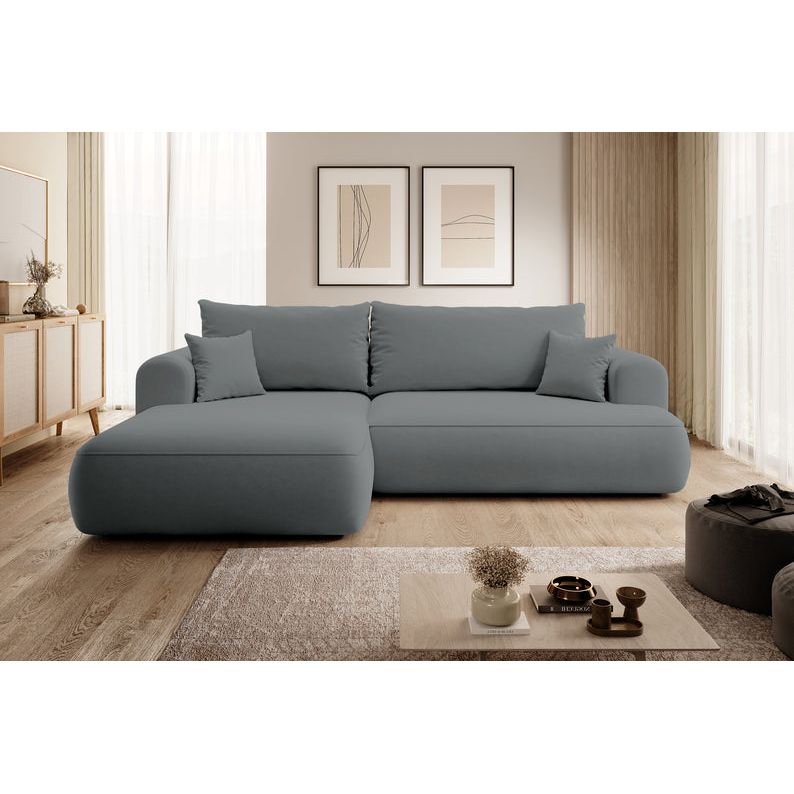 Kampinė sofa OVO, tamsiai pilka spalvos, su miegamąja funkcija, aksomas
