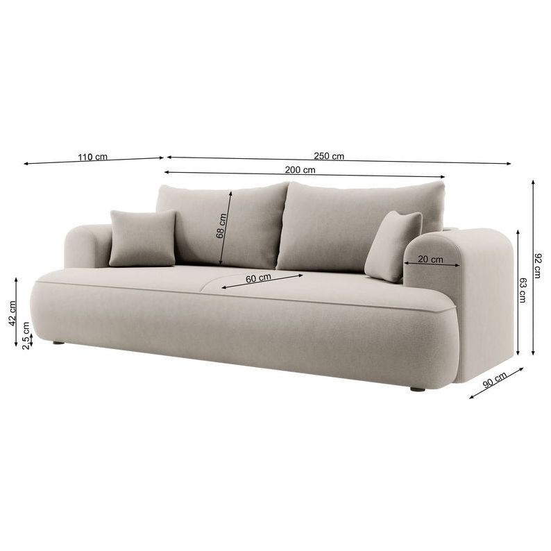 Trivietė Sofa OVO, su miegamąja funkcija, pilka spalva, aksomas