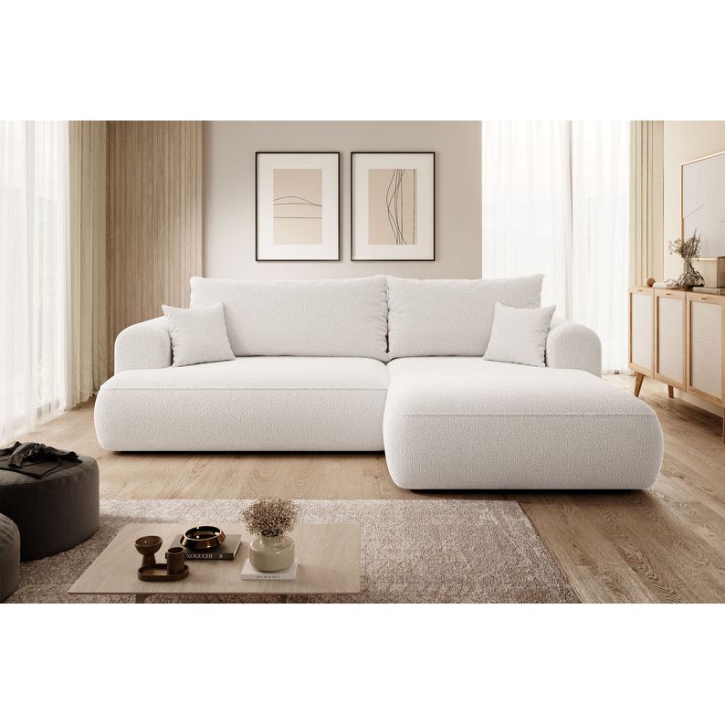 Kampinė sofa OVO,  dešinė pusė, kreminė spalvos, su miegamąja funkcija, boucle audinys