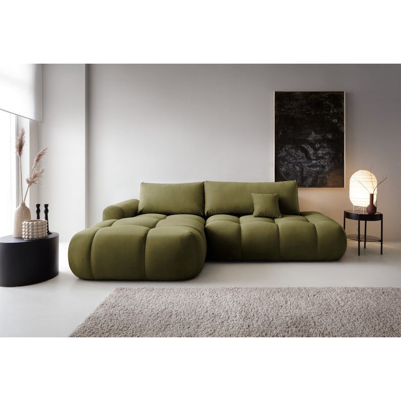 Kampinė sofa lova OMBO, kairė, žalias aksomas
