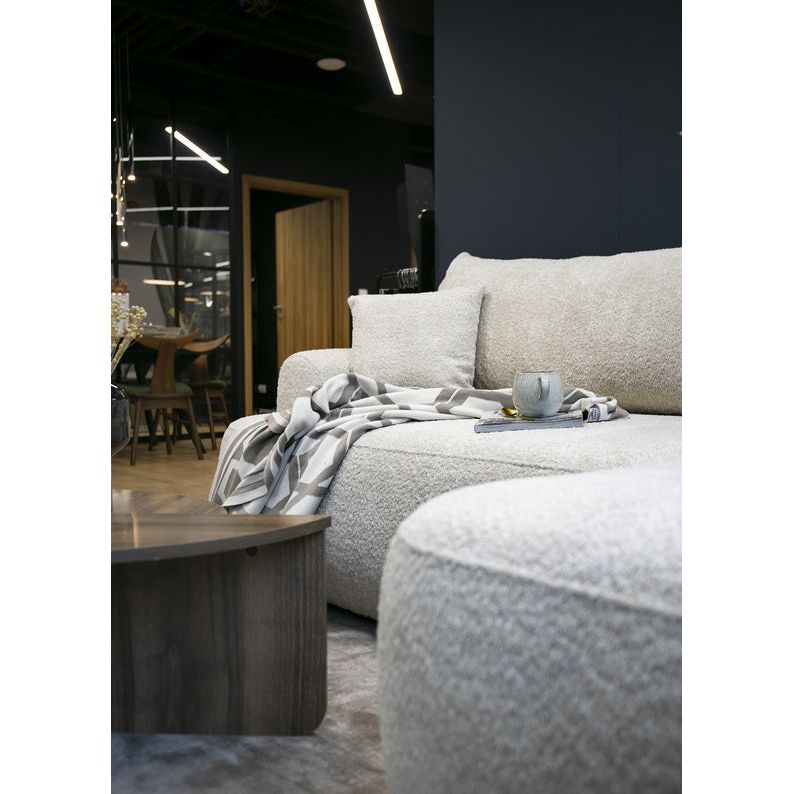 Kampinė sofa OVO,  kairė pusė, smėlio spalvos, su miegamąja funkcija, boucle audinys