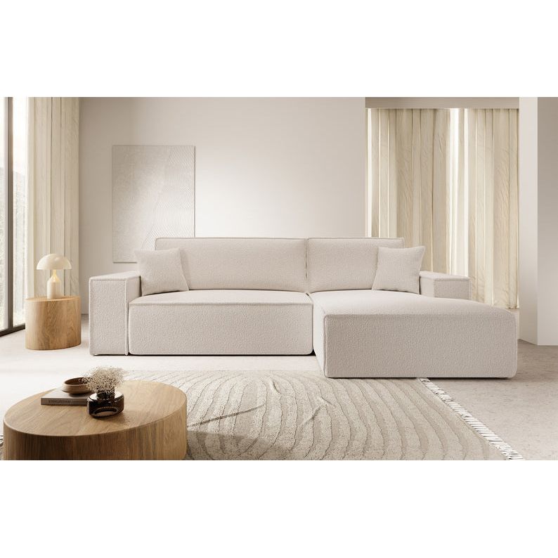 Kampinė sofa FARESE, dešinė pusė, smėlio spalvos, su miegamąja funkcija, boucle audinys