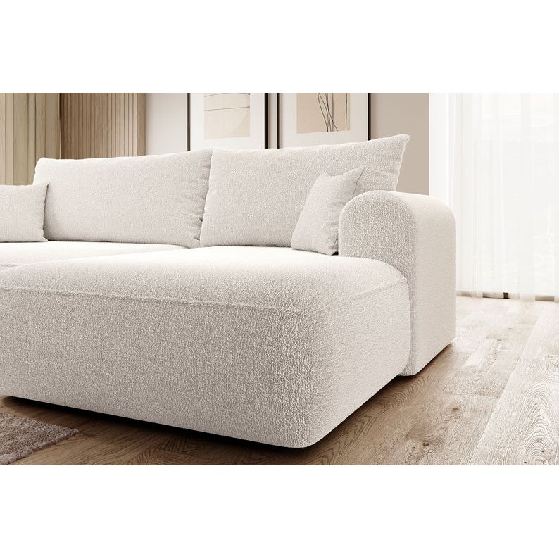 Kampinė sofa OVO,  dešinė pusė, kreminė spalvos, su miegamąja funkcija, boucle audinys